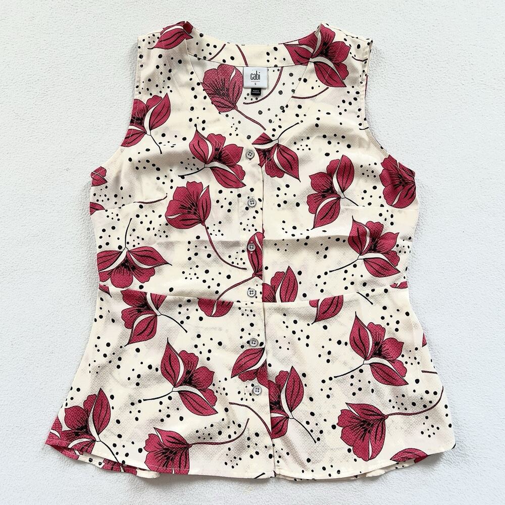 CAbi Women 8019 Fanfare Top Cream Pink Floral Print Peplum Button Sleeveless S